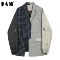 eam women blue plaid asymmetrical big size blazer new lapel long sleeve loose fit jacket fashion spring autumn 2022 1b4690