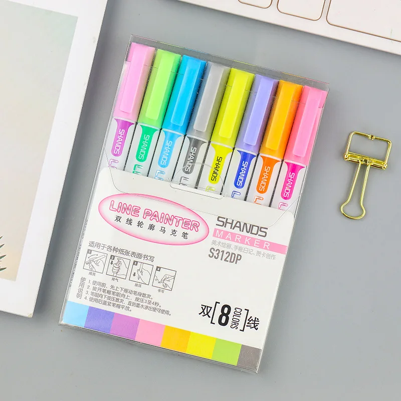 

8 цветов, металлический маркер, двойная линия, контурная ручка, многофункциональные художественные маркеры для рисования, цветная авторучк...