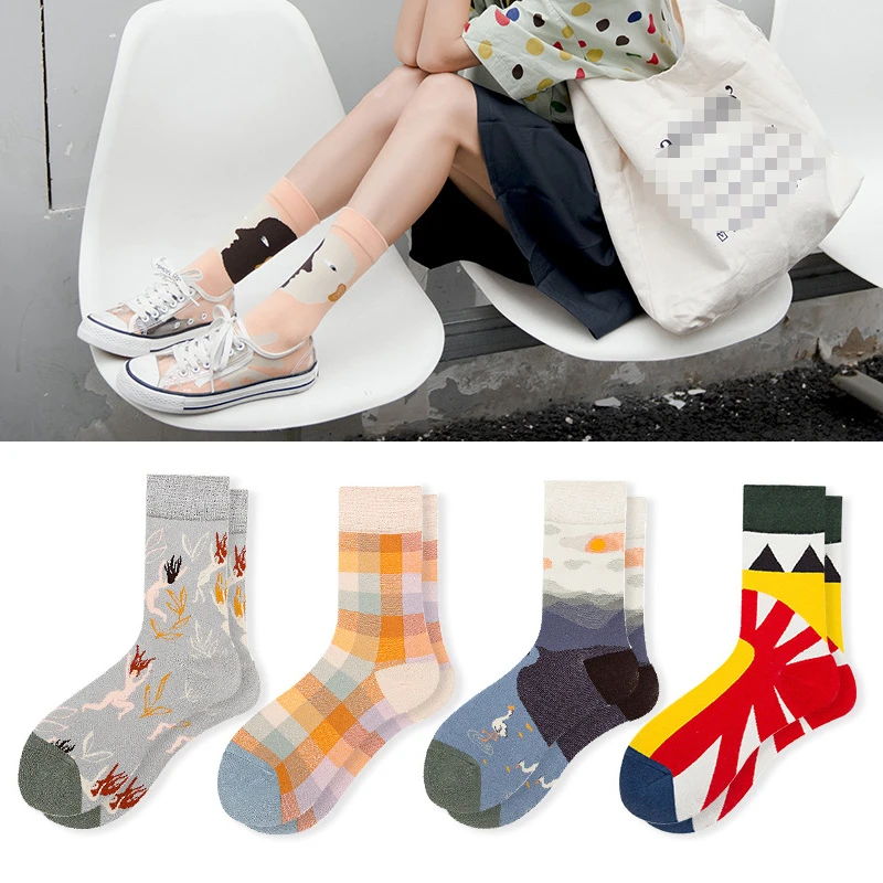 

New socks Harajuku French art cotton socks Four seasons tide socks Women abstract style tube socks