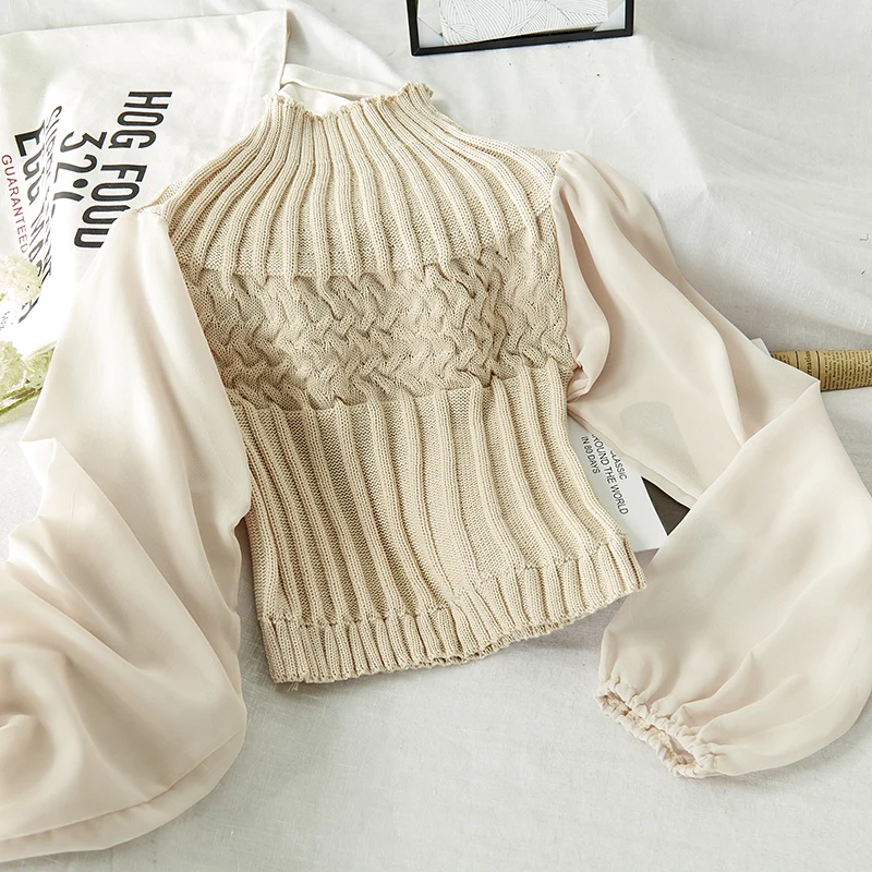 Gaganight лоскутное женский свитер с длинными шифоновыми рукавами Половина