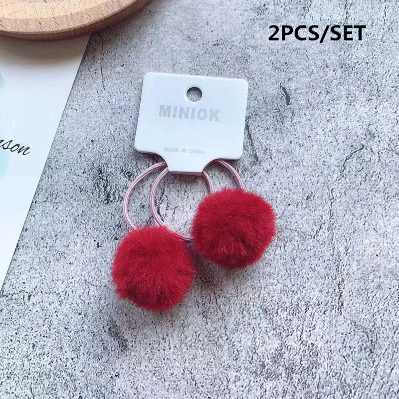 WINE RED-2PCS 2/8/10/12 шт Для детей резинки для волос галстуки с шариками для маленьких девочек плюшевая повязка для волос Веревка для девочек Аксессуары резинки для волос - Цвет: WINE RED-2PCS