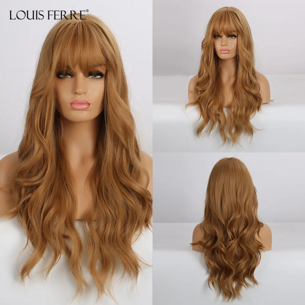 

LOUIS FERRE Long Light Brown Blonde Honey Water Wave Wigs with Bangs Heat Resistant Fibre Synthetic Cosplay Wigs For Women Afro