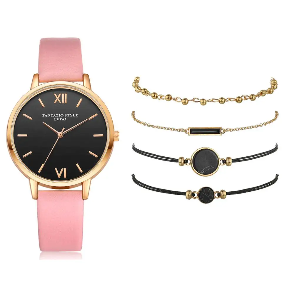 pink 5pcs set 5 шт., женские часы и браслеты, набор, Montre Femme, модное платье, часы, женские Аналоговые кварцевые наручные часы, Reloj Mujer, Часы серьги - Цвет: pink 5pcs set