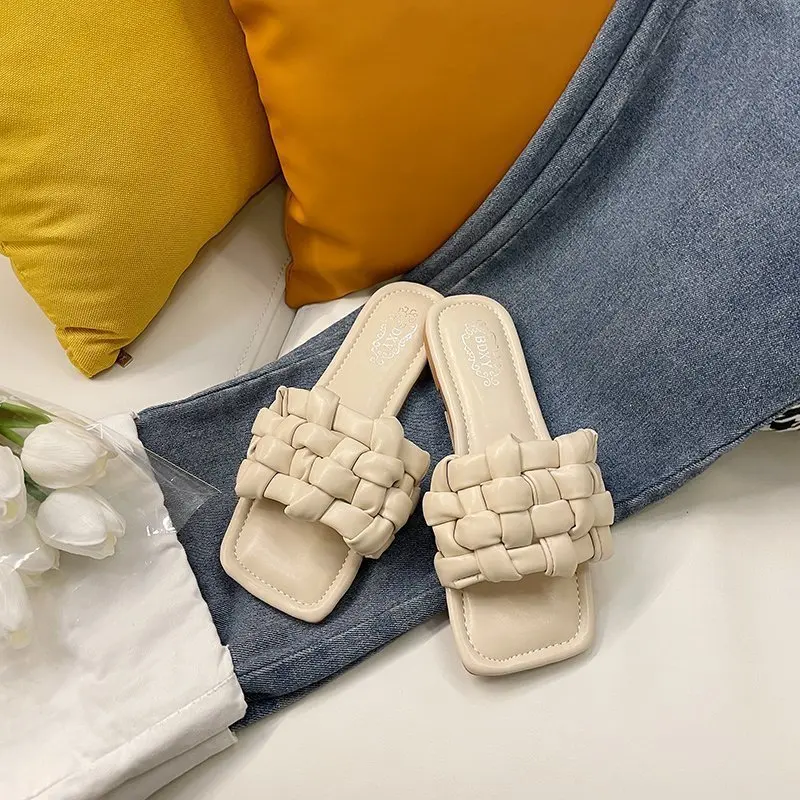 

Shoes Low Womens Slippers Outdoor Slides Pantofle Big Size Square Toe 2021 Hoof Heels Cotton Fabric Rome Rubber PU Floral Basic