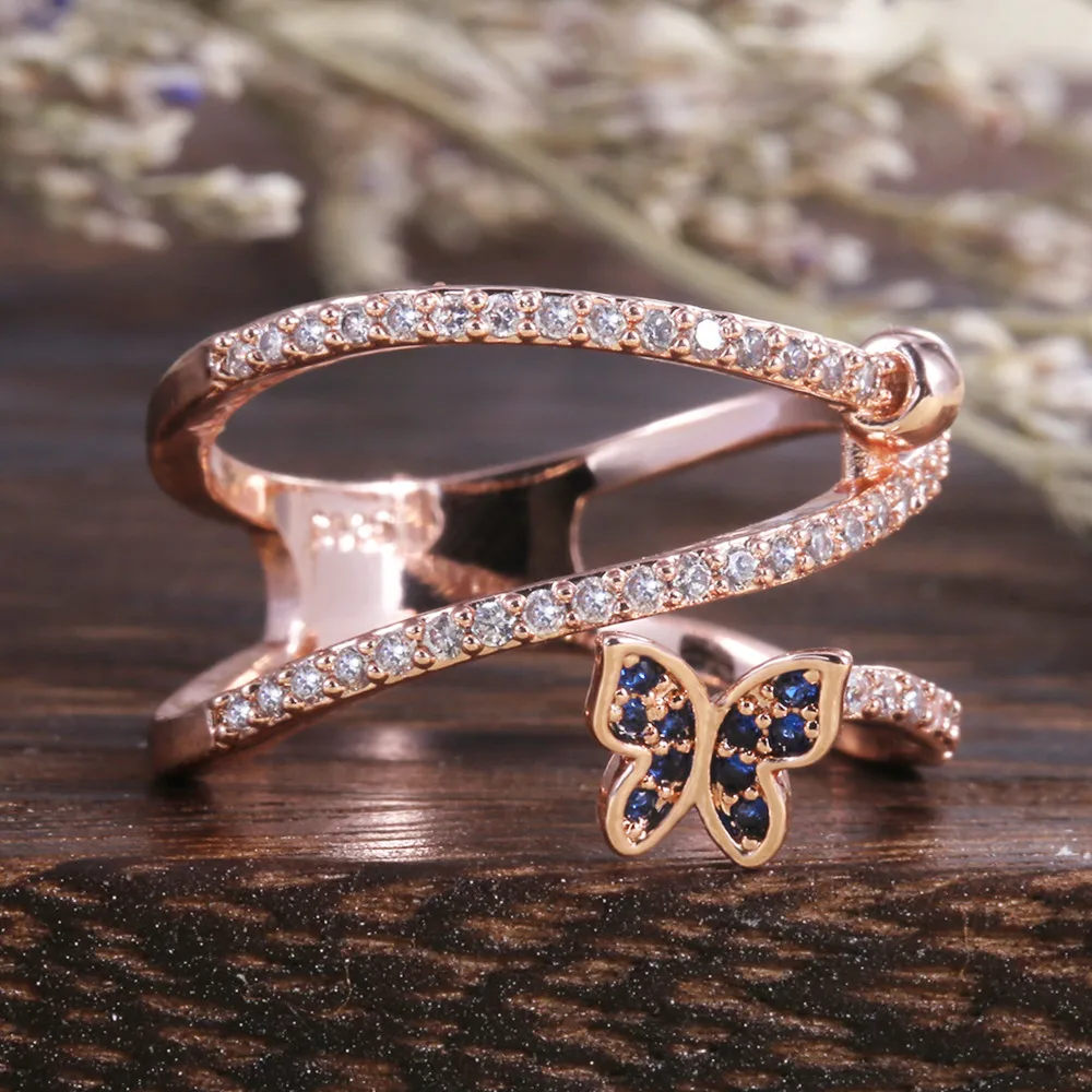 Милый женский маленькая бабочка, носки с милыми животными: кольцо 18KT розовое золото Обручение кольцо Винтаж обручальные кольца для Для женщин