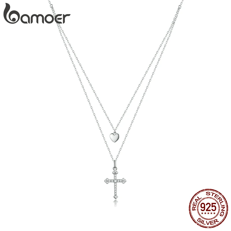 

Memnon Sterling Silver 925 Cross with Heart Plated platinum CZ Pendant Necklace for Women Chain Necklaces Jewelry BSN197