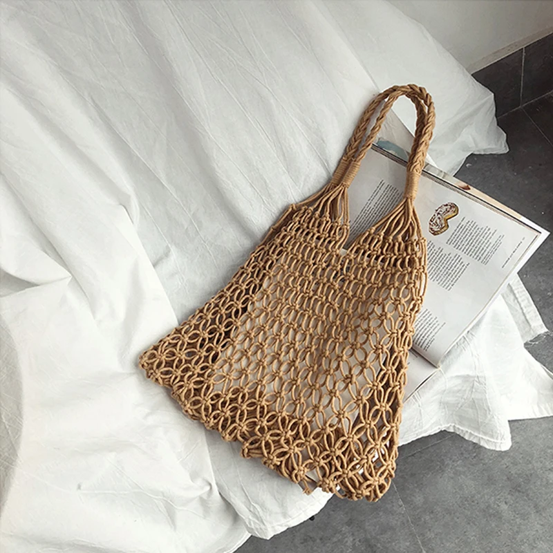 

Women Fashion Hollow Straw Rattan Shopping Bag Mesh Rope Knit Handmade Weaving Shoulder Bag Female Beach Holiday Handbag Totes
