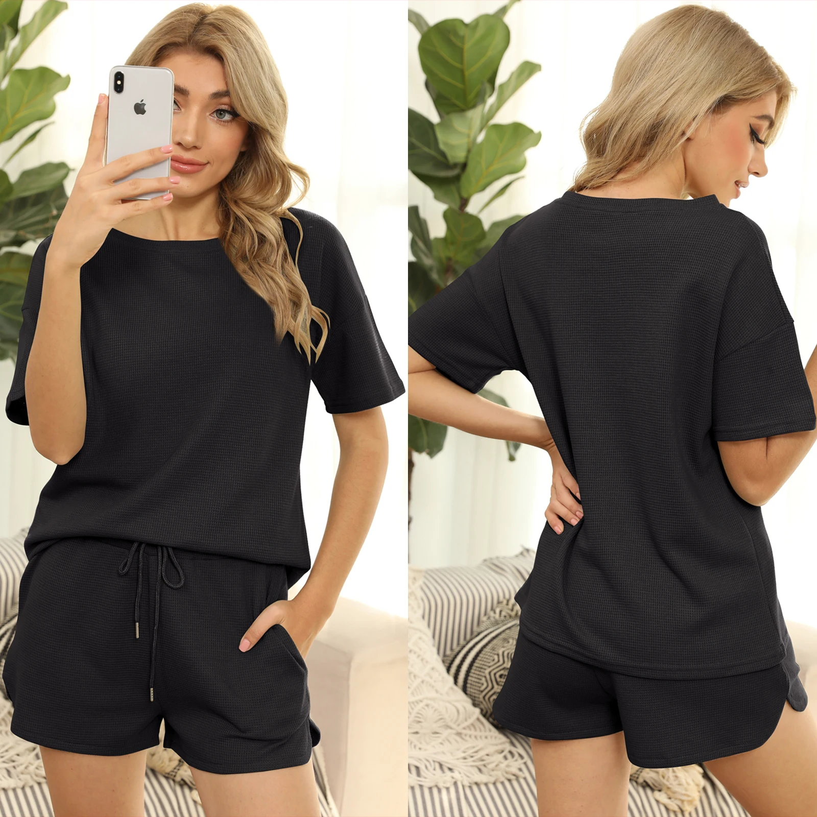 

Womens Leisure Two Piece Pajamas Ribbed Short Sleeve Crew Neck Shirt Solid Color Elastic Waist Shorts Soft And Skin-Friendly