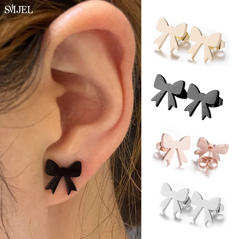 

Korean Design Fashion Jewelry Simple Stainless Steel Bow Earrings for Women Girls Romantic Bowknot Studs Female Accessoris 2021