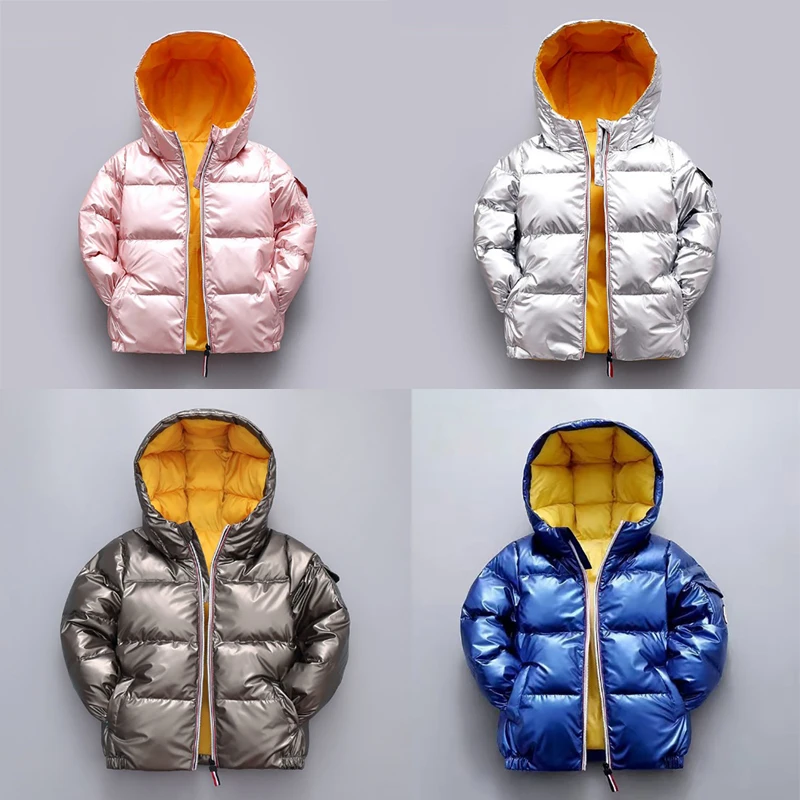 

2021 New Bright Face Winter Girl Boy Down Jackets Fashion Hooded Coats for Kids Solid Color Children Clothes Warm Outerwear Coat