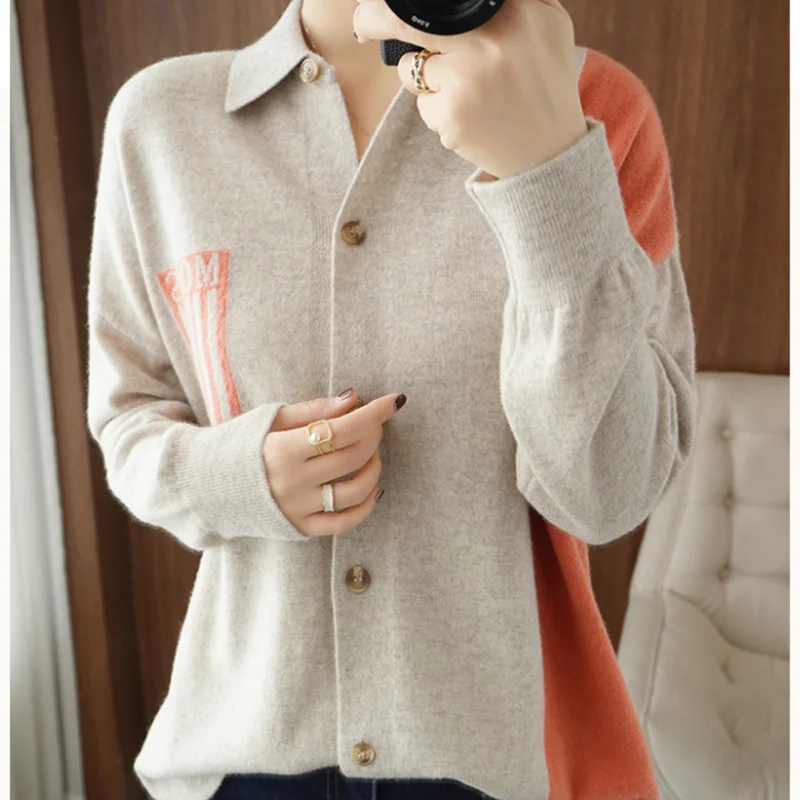 

Autumn Winter Woman's Sweaters Fashion Patchwork Turn-Down Collar Long Sleeve Coat 100% Wool Knitted Jumper Clothes Tops Outwear