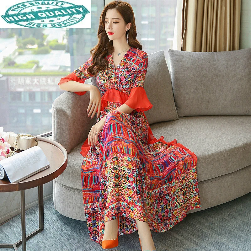 

Silk 100% Women Summer Floral Beach Boho Elegant Long Maxi Dress Party Vestidos Mujer ZS86A KJ4373