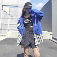 womens hooded jacket imitation two piece design new checked stitched cardigan in autumn 2021