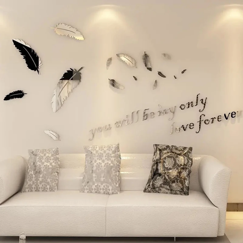 

18pcs/Set 3D Gold Silver Acrylic Feather Mirror Surface Wall Sticker Removable Background DIY Kids Room Art Wall Home Decoration