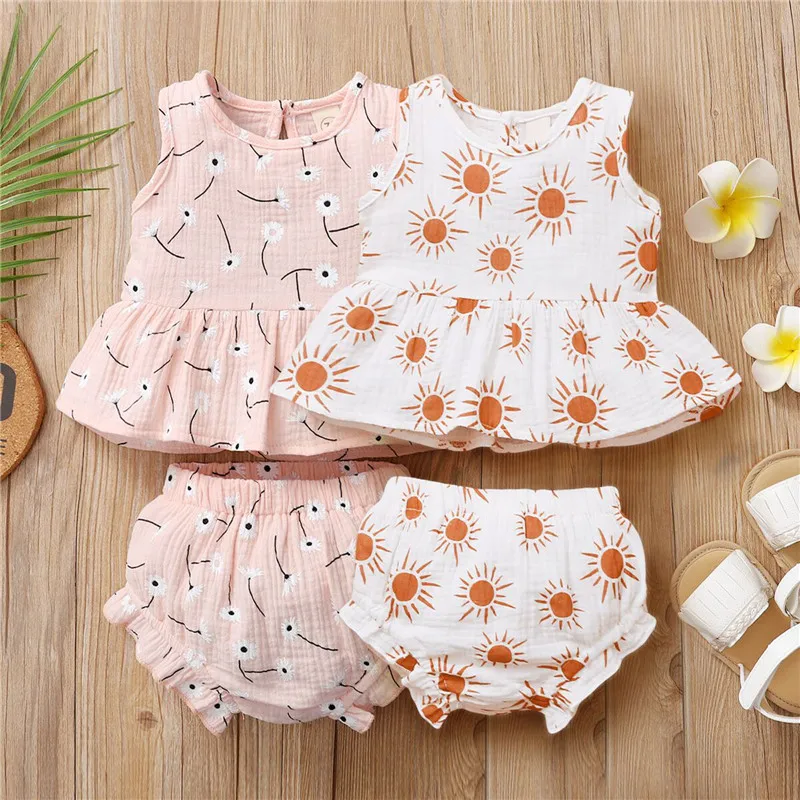 

0-18M Lovely Girls Baby Girls Vest and Shorts Suit Fresh Daisy/Sun Printed Sleeveless Sweet Tops and Triangle Short Pants