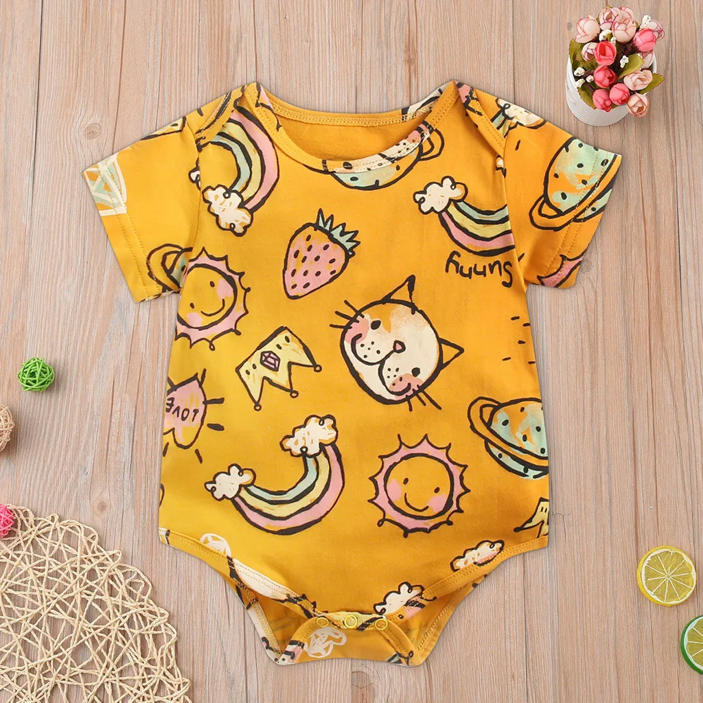 Romper Bayi Baju Romper Bayi Laki-laki Perempuan Baru Lahir Bayi Laki-laki Perempuan Romper Cetak Kartun Lengan Pendek Jumpsuit Pakaian Set Overall Bayi