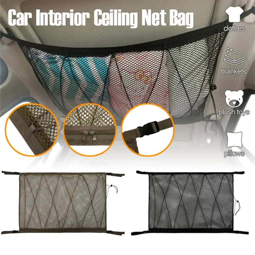 

35"x25" Car Interior Ceiling Net Bag Adjustable Double-Layer Car Roof Cargo Organizer with Zipper for Sunries Storage