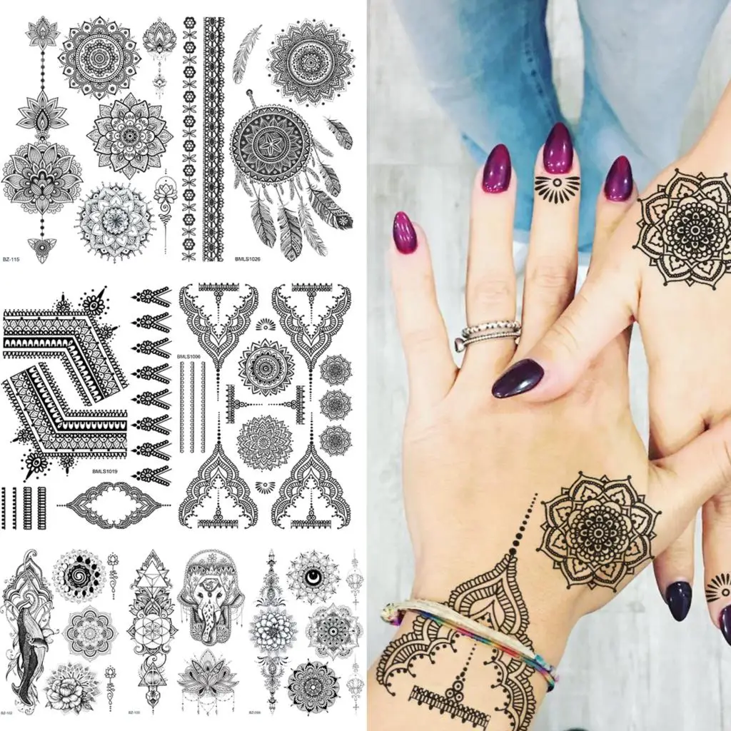 

Black Henna Mandala Temporary Tattoos For Women Adults Realistic Feather Whale Lace Fake Tattoo Sticker Waterproof Hand Tatoos