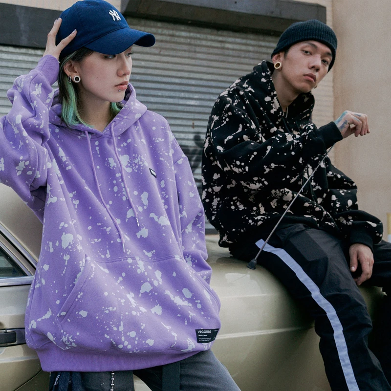 

ELKMU Streetwear Fleece Hoodies Sweatshirt Men 2020 Autumn Harajuku Ink Graffiti Print Pullover Hooded Couples Hoodie Tops HE041