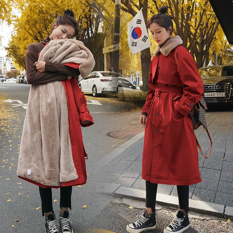 

Женская Зимняя Красная куртка, длинная толстая плюшевая подкладка, Корейская свободная хлопковая однотонная качественная ветрозащитная м...