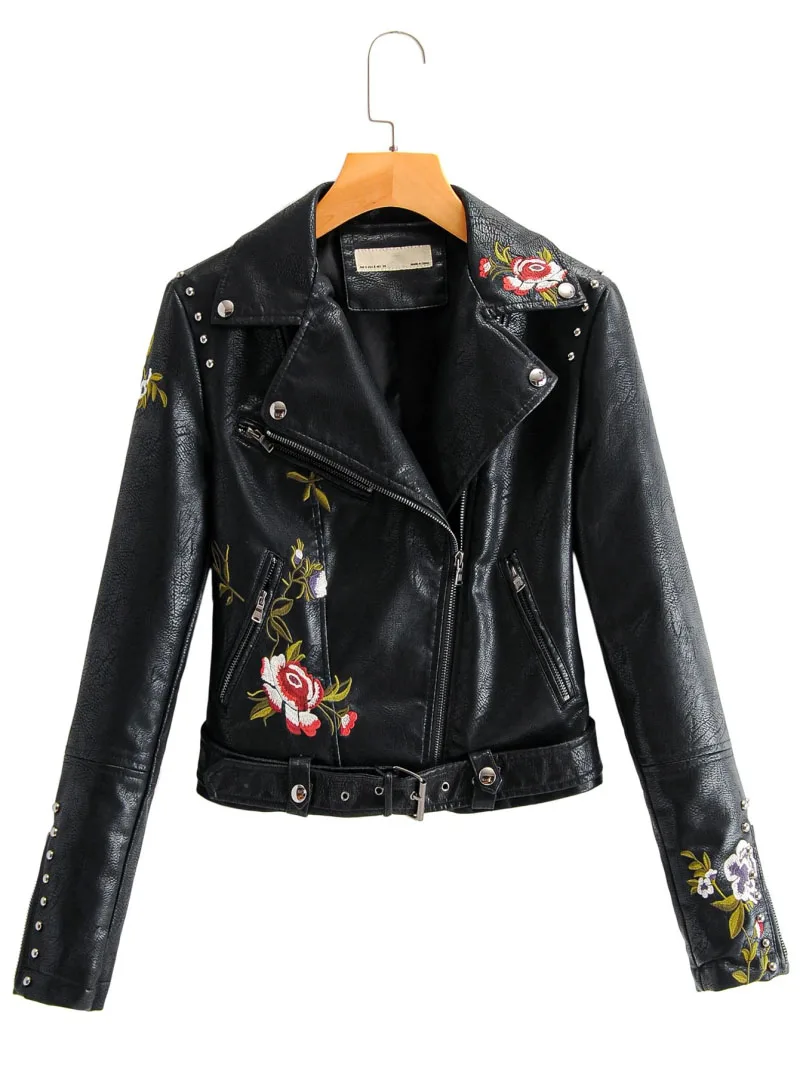 

New Arrival Autumn Fashion Women Embroidery PU Leather Jacket Chic Rivets with Belt Biker Jackets Zippers Ladies Coats Outerwear