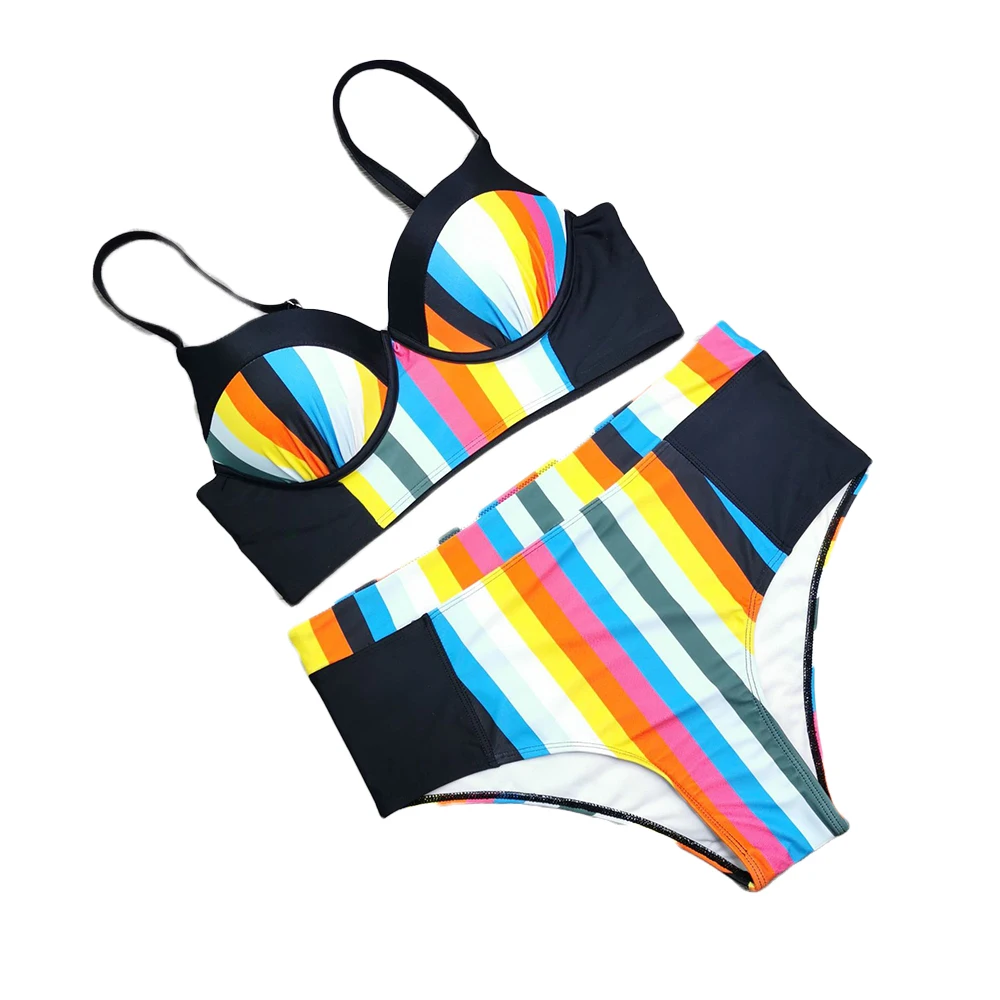 Новое поступление большой размер женский купальник в радужную полоску купальный