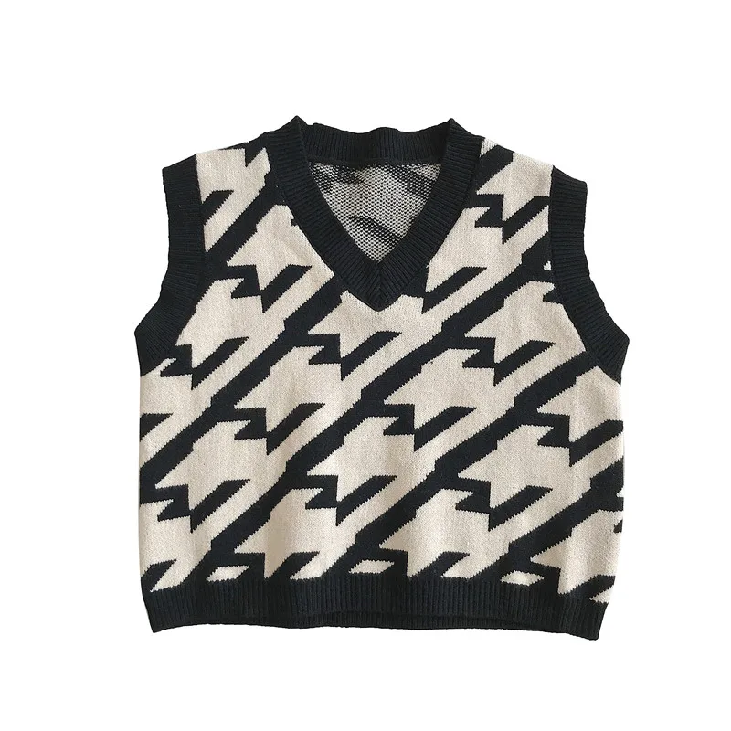 

New Women winter vest retro sleeveless knitted vest women houndstooth loose female waistcoat chic tops sweater fashion vests2020