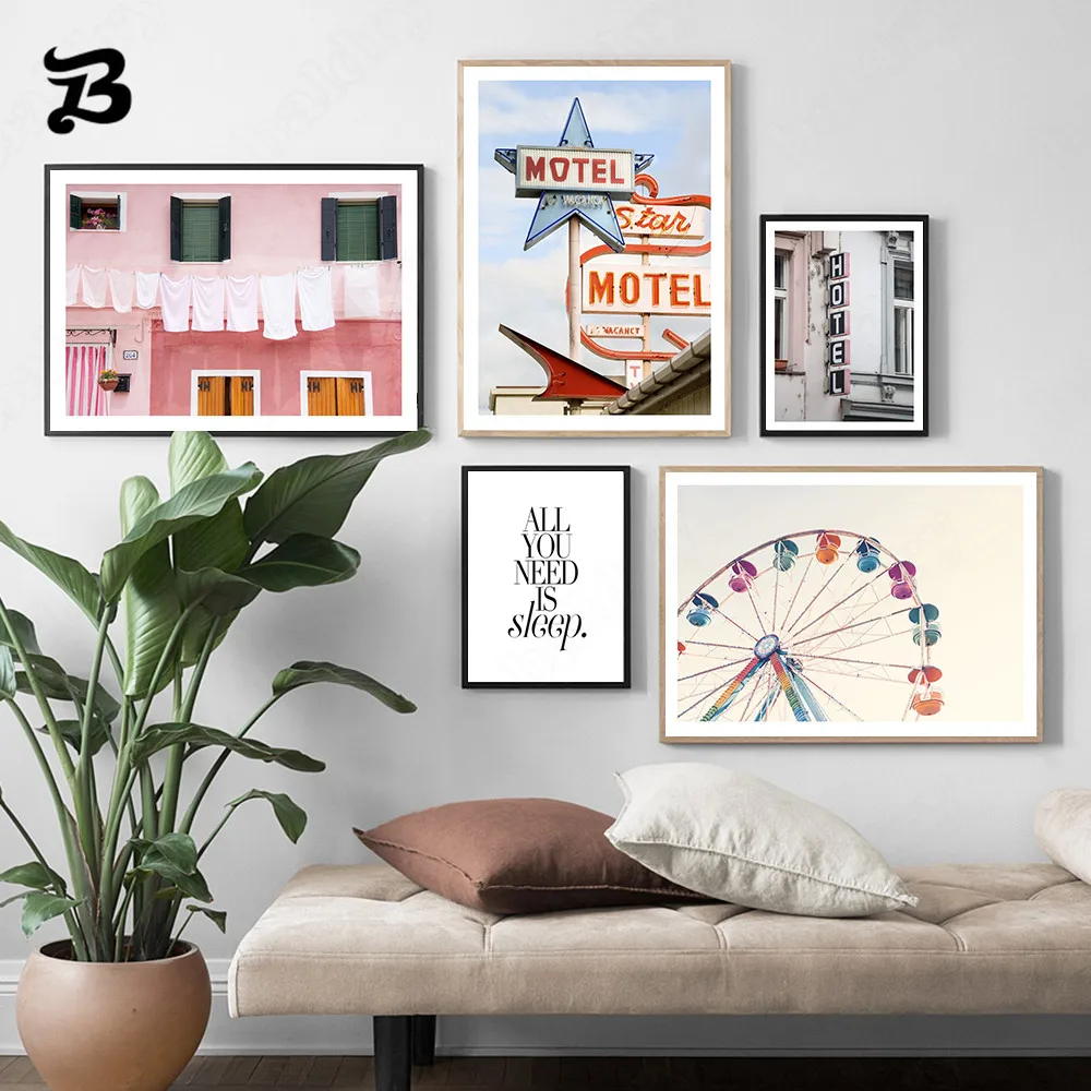 

Canvas Painting Motel Hotel Modern Wall Art Multicolored Canvas Posters and Prints Fairies Wheel Pink House Home Wall Decoration