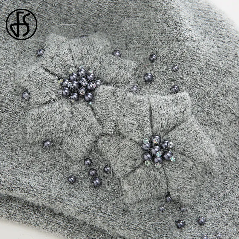 FS зимние розовые шапки берет для женщин со стразами и кроличьими цветами женские