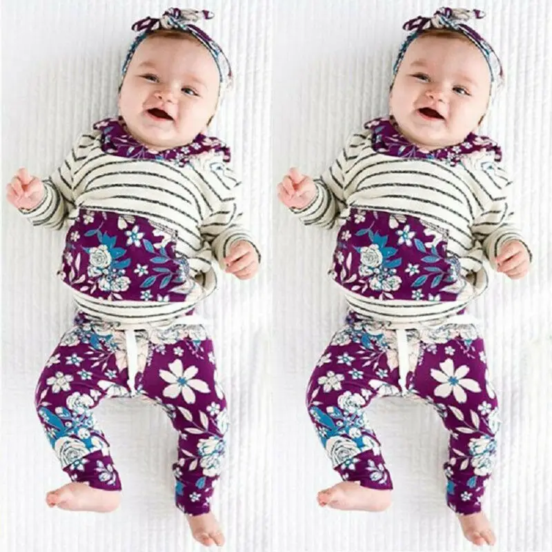 3 шт. полосатый свитер с капюшоном для новорожденных девочек штаны цветочным