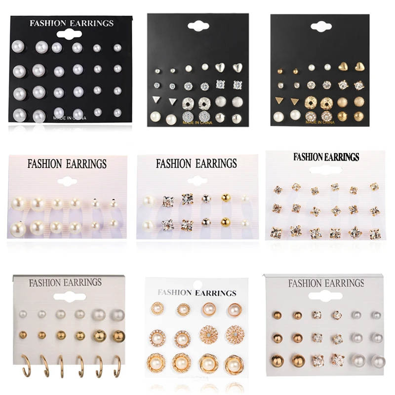 

Fashion Crystal Simulated Pearl Earrings Set For Women Jewelry On Ear Ball Stud Earrings kit Geometric Rhinestone Bijoux 2019