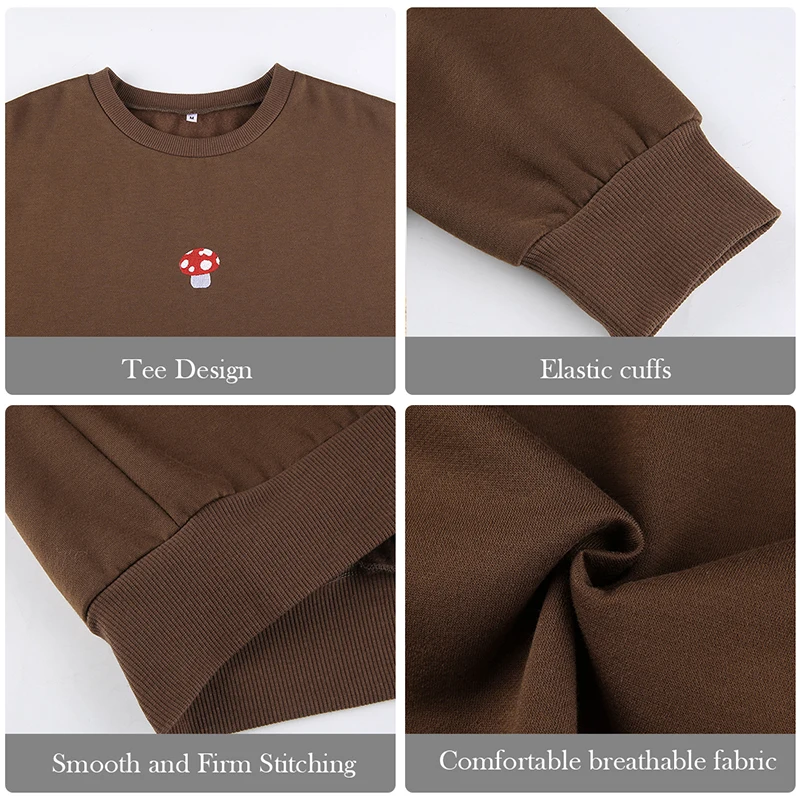 

KANCOOL Brown Sweatshirts Y2K 2021 New Embroidery Mushroom Indie Aesthetic 90s Long Sleeve Hoodies Graphic Crewneck Clothes