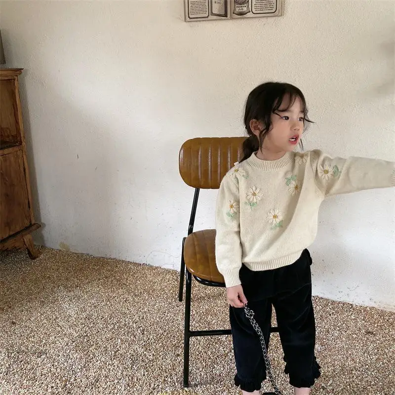 Teenmiro Kids Girls Daisy Knitwear Winter Teenager Embrodiery Flowers Pullover Sweater Toddler Knit Wear Children Knitted Tops