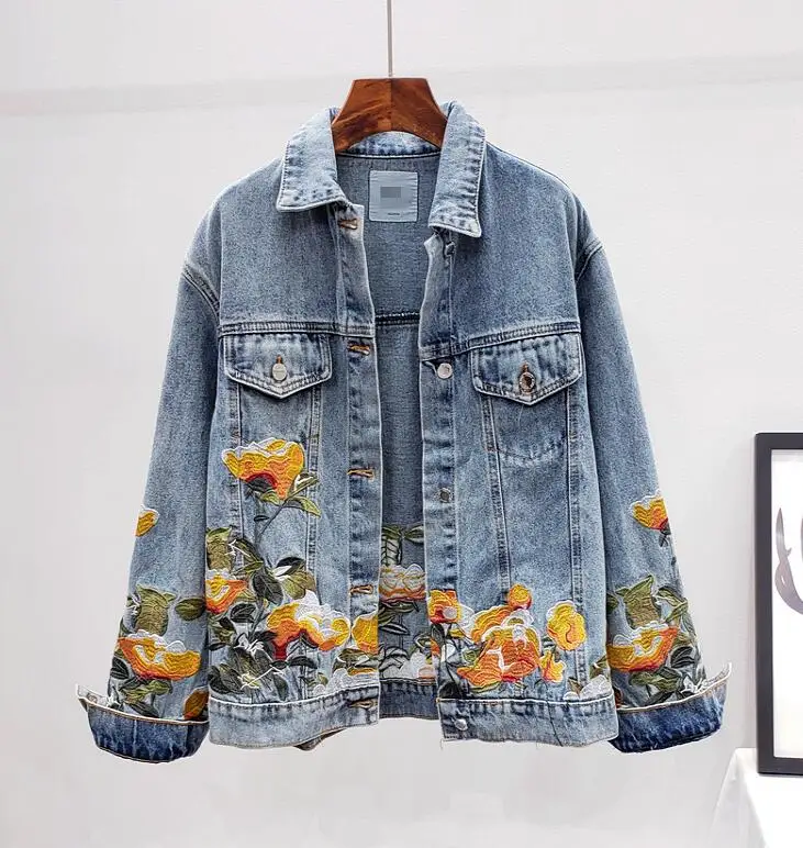 

Women's autumn winter casual loose flower embroidery vintage denim jacket female high waist plus size jean jacket outwear TB838