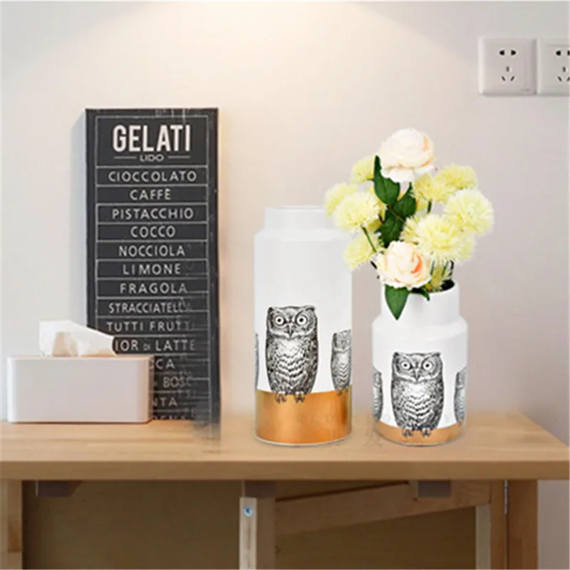

WU CHEN LONG Nordic Creative Animal Owl Golden Ceramic Vase Modern Minimalist Living Room Study TV Cabinet Home Decor A2787