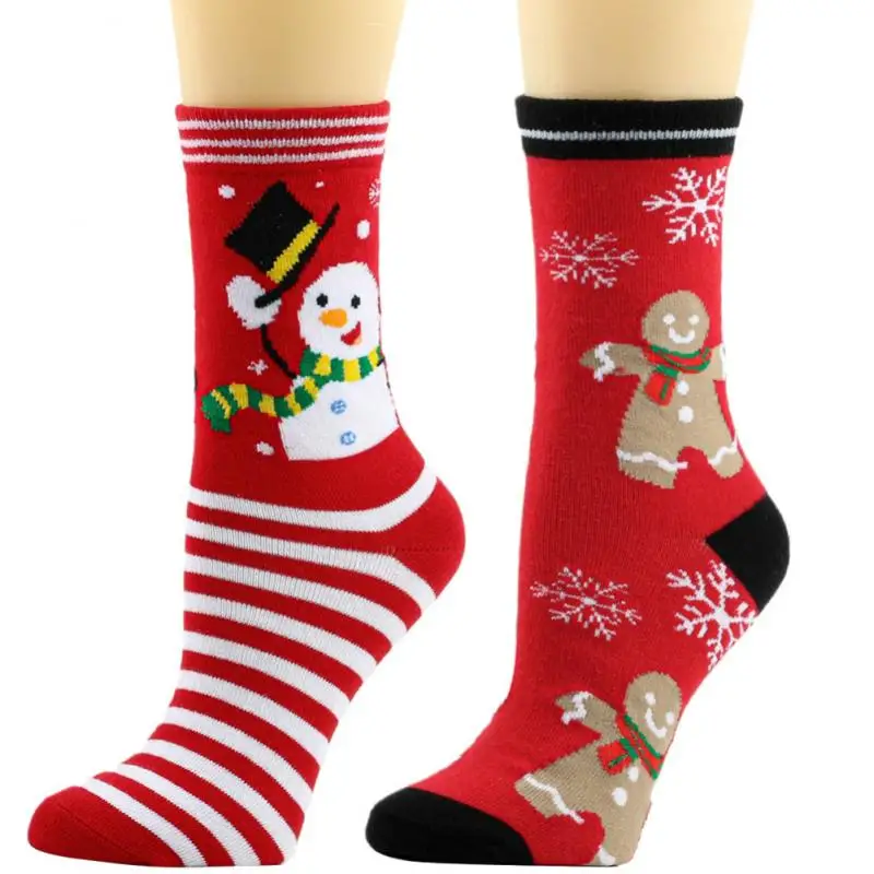 

2 Pair Winter Warm Middle Tube Socks Christmas Socks Cartoon Cute Snowman Snowflake Festive Red Women Men Cotton Casual Socks