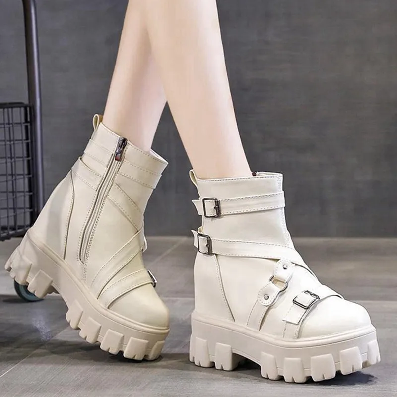 

Women Ankle Martin Boots Autumn Spring Female Casual Shoes Height Increasing Fashion Rome Round Toe Zip Thick Sole Platform