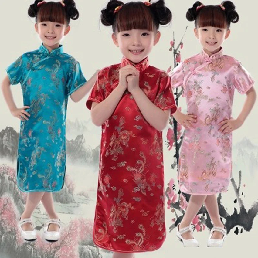

Children Girls Vintage Oriental Chinese Traditional Costumes Cheongsams Dragon Embroidery Satin Silk Dresses for Kids Girls