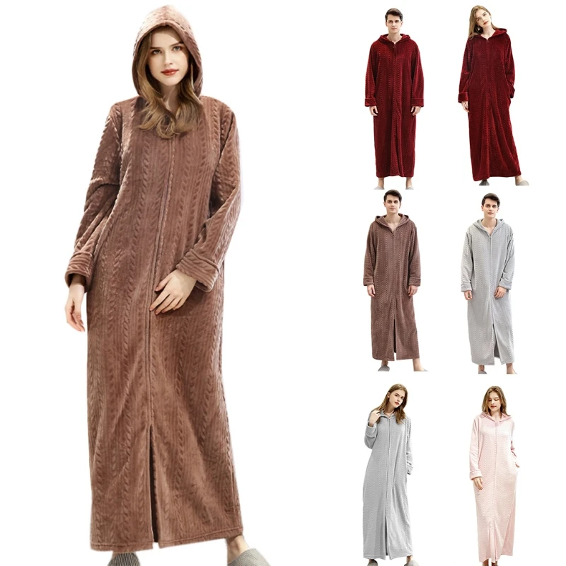 

Women Men Winter Flannel Hoodie Bathrobe Solid Color Stripe Zipper Oversize Kimono Robe Thick Plush Warm Nightgown