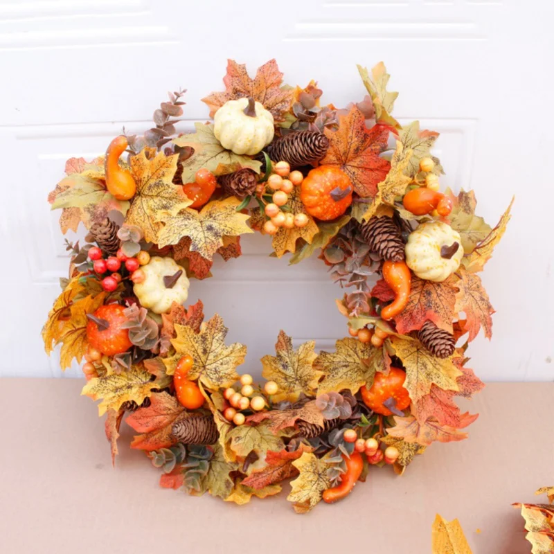 

Autumn Theme Wreath Artificial Maple Leave Pumpkin Berries Pine Cone Rattan Garland Home Thanksgiving Front Door Decoration