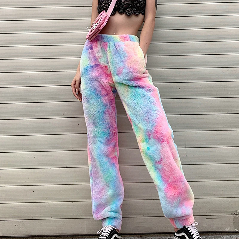 

2020 New Flannel Fleece Cargo Pants Women Tie Dye Joggers High Waist Women Sweatpants Autumn Winter Loose Trouser Plus Size 2XL