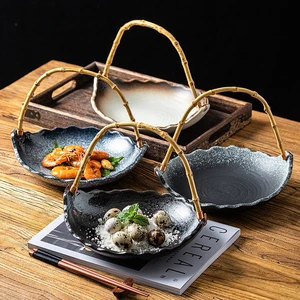 Creative Hanging Basket Plate Personalized Western Food Plate Ceramic Basket Plate Cooking Tray with HandleSashimi Cooking Plate