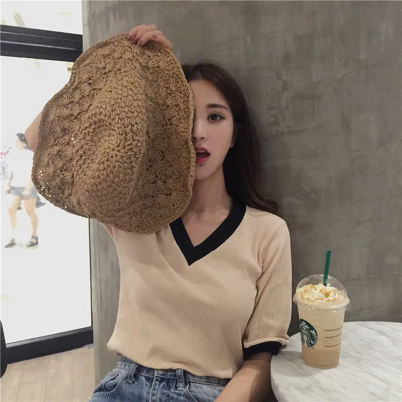 

Women Tops 2021 Summer Harajuku Kawaii Korean Vintage Elegant Short Sleeve V-neck Tunic Patchwork Casual Blusas