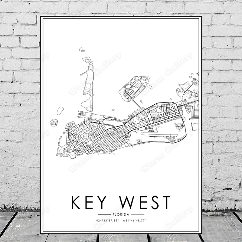 Черно-белая карта города Флориды ключа и Запада плакат HD печать настенное