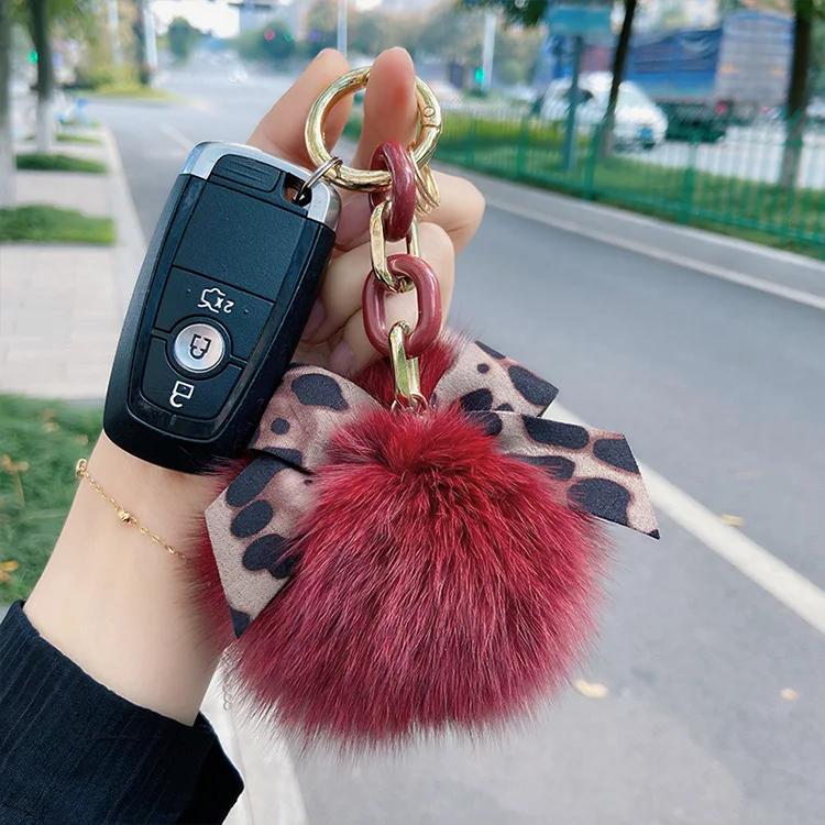 

Korean Fashion Leopard Bow Tie Fox Fur Key Chain Personality Chain Car Key Ring Chain Lady Bag Pendant Keychain Accessories