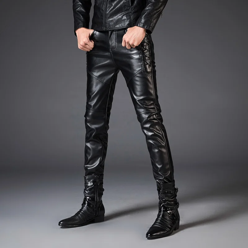 Мужские кожаные брюки в стиле панк рок мужские тонкие мотоциклетные из