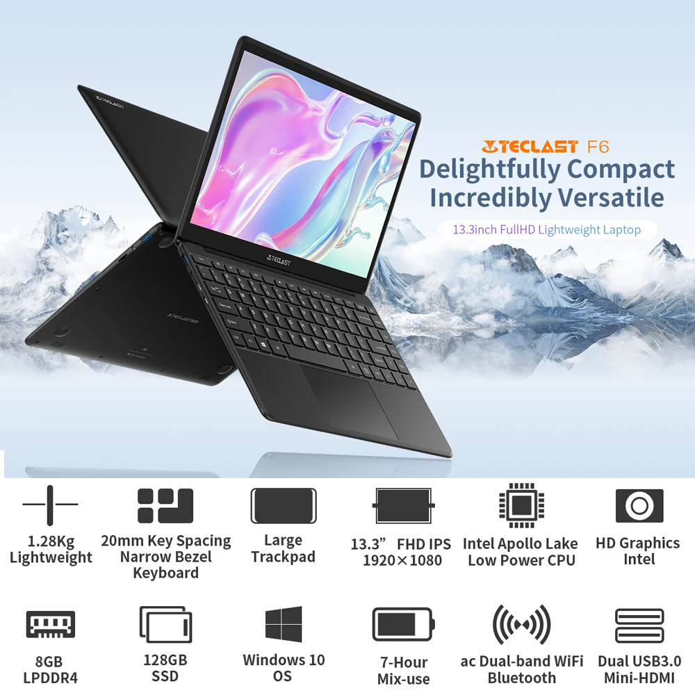 

Newest Teclast Notebook F6 Laptop 13.3 Inch Full HD IPS 8GB LPDDR4 128GB SSD 19201080 Windows 10 OS 38000mWh Battery Dual WiFi