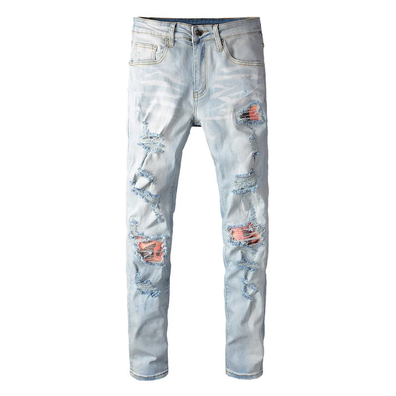 Men's Light Blue Patchwork Ripped Denim 