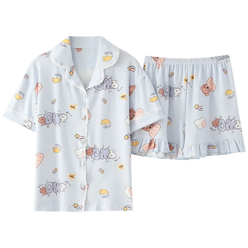 

Women Pajama Set Summer 100% Cotton Short Sleeve Sleepwear Girl Turn-down Collar Sleepwear Homewear M-4XL