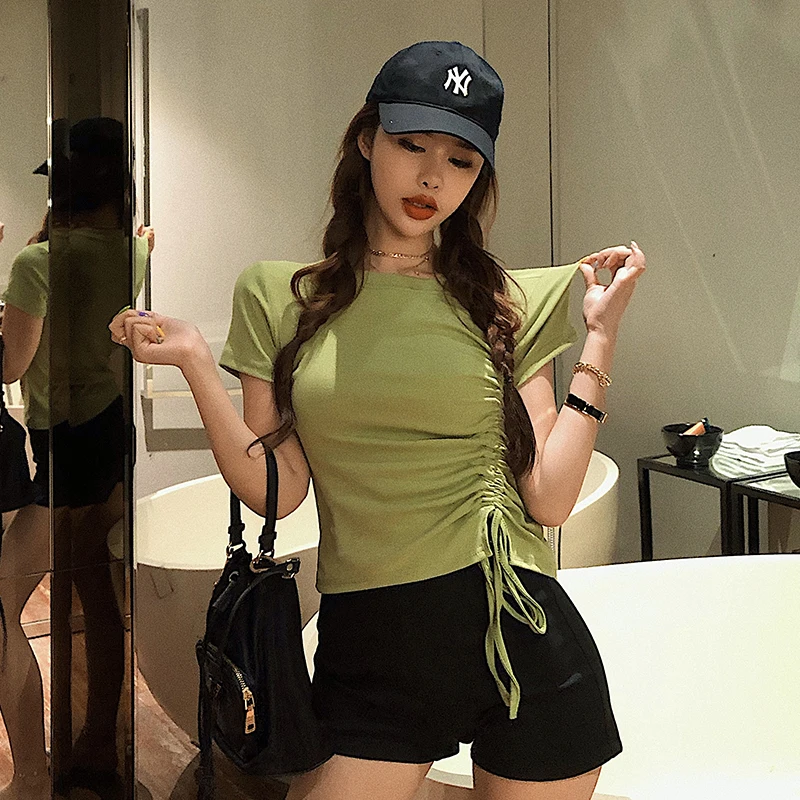 

Летняя Повседневная футболка, Женский однотонный облегающий кроп-топ с бантом неправильной формы, футболка с коротким рукавом для женщин, ф...